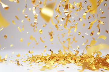 Golden Tiny Confetti And Streamer Ribbon Falling On White Background. Illustration. Happy Birthday. Generative AI