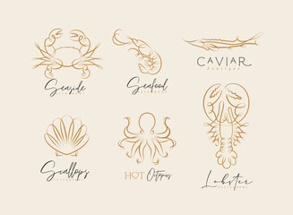 Filigree swirl sea and ocean creatures crab, shrimp, sturgeon, shell, octopus, lobster labels with lettering drawing on beige background
