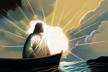 Jesus Christ portrait on the lake. Generative AI illustration