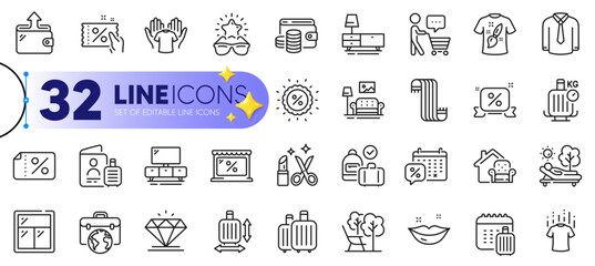 Outline set of Businessman case, Tv stand and Wallet line icons for web with Baggage calendar, Market, Furniture thin icon. Dresser, T-shirt design, Lips pictogram icon. Carry-on baggage. Vector