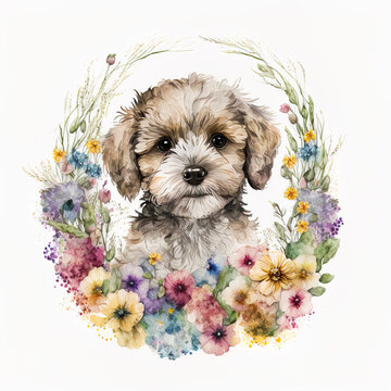 puppy with flower (watercolor, AI generated - FREE copyright)