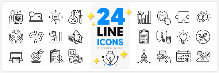 Icons set of Calendar, Accounting report and Digestion line icons pack for app with Checklist, Job interview, Safe time thin outline icon. Calendar graph, Stress grows, Graph chart pictogram. Vector