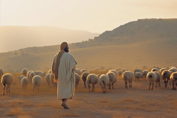 Jesus as shepherd leading a herd of sheep. Generative AI illustration