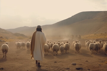 Jesus as shepherd leading a herd of sheep. Generative AI illustration