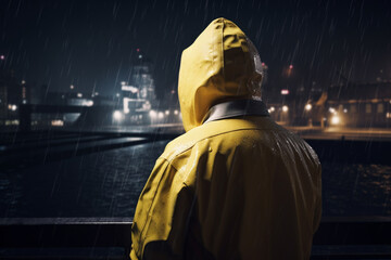 Lonely man looking at a city in yellow raincoat. Generative AI illustration