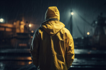 Lonely man looking at a city in yellow raincoat. Generative AI illustration