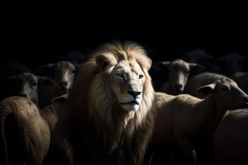Lion in dark nature background. Generative AI illustration