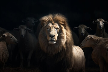 Lion in dark nature background. Generative AI illustration