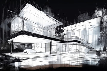Private house sketch blueprint or plan. Generative AI illustration