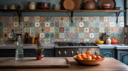 Fototapeta na wymiar Moroccan-inspired tile backsplash in kitchen. AI generated