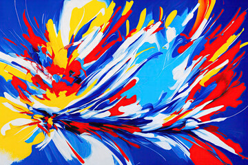 Abstract colorful paint brush strokes on blue background. Blue, red, yellow an white paint. Generative AI