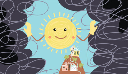 The cartoon sun parted the black clouds over the houses with his hands.Buildings on the mountain with trees. Colorful print on fabric and paper.Vector flat illustration on a blue background.