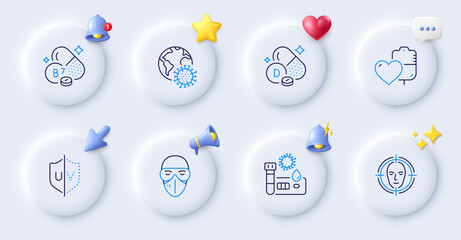 Blood, Medical mask and Vitamin d line icons. Buttons with 3d bell, chat speech, cursor. Pack of Uv protection, Covid test, Face detect icon. Coronavirus pandemic, Biotin vitamin pictogram. Vector