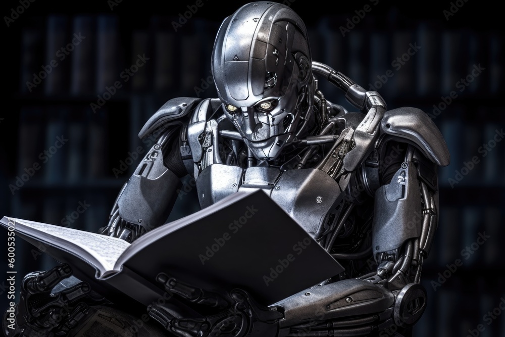 Poster robot is reading some books and is showing his adaptive ai created with generative ai technology