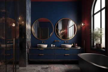 Captivating 3D Render of a Designer Bathroom with Luxurious Accents and Illuminated Mirror Lights..