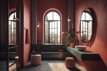 Breathtaking 3D Render Showcasing a Luxurious Bathroom with Mirror Lights and Sophisticated Design..