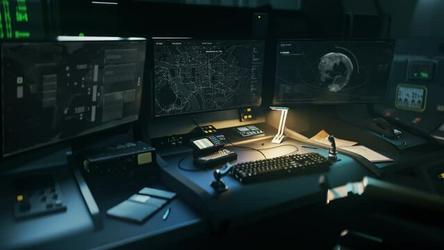 Secret tracking computer is used by the spy agency in the control room. Secret tracking computer is examining the transportation map. Secret tracking computer ui is scanning for target gps signal
