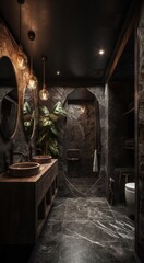 Designer Marble Bathroom: A Serene black and wood bathroom with Upscale Amenities..