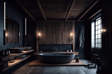 Designer Marble Bathroom: A Serene black and wood bathroom with Upscale Amenities.. - obrazy, fototapety, plakaty