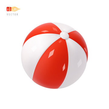 Fitness Ball. Beach Ball. Equipment for active recreation. White and red striped Beach Ball Sign. Object isolated on white. Realistic cartoon 3d icon. Emoticon Design Clip Art. Emoji Icon. Vector
