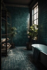 Tranquil Green Bathroom Oasis with Soothing Hues and Elegant Elements..