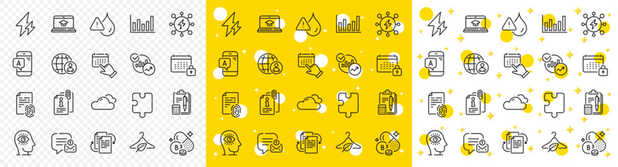 Outline Bureaucracy, Fingerprint and Cloudy weather line icons pack for web with Event click, New message, Attached info line icon. Website education, Puzzle, Waterproof pictogram icon. Vector
