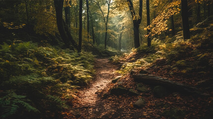 Obraz premium Forest road in a green misty forest, generative AI.