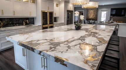Polished marble countertops with gold accents. AI generated