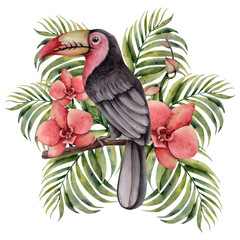 Hand Drawn Watercolor Tropical Clipart. Tropic Toucan Bird with Flowers Botanical Illustration. Sublimation Perfect for printing. Palm, Monstera Leaves, Orchid Flower Tropical Composition