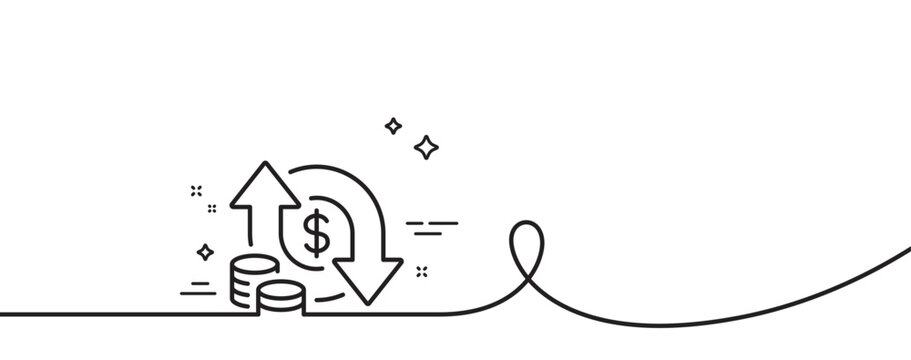 Change money line icon. Continuous one line with curl. Currency exchange sign. Transfer payment symbol. Change money single outline ribbon. Loop curve pattern. Vector