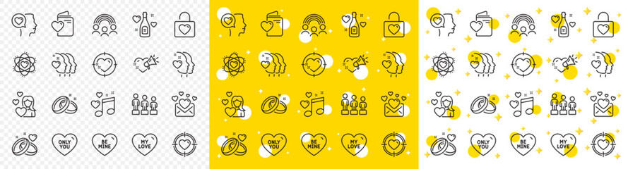 Outline Marriage rings, Equality and Love music line icons pack for web with Wedding rings, Love, Heart target line icon. Heart, Romantic talk, Only you pictogram icon. Wedding locker. Vector