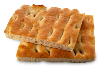 Genoese focaccia, Italian flat bread with salt and olive oil, two square pieces isolated