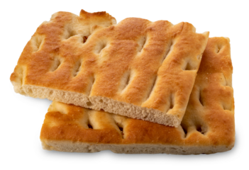 Genoese focaccia, Italian flat bread with salt and olive oil, two square pieces isolated