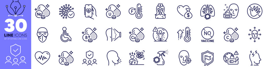 Folate vitamin, Copper mineral and Shield line icons pack. Vitamin u, Do not touch, Disability web icon. Fahrenheit thermometer, Medical mask, Face cream pictogram. Problem skin, Nurse. Vector