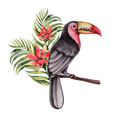 Hand Drawn Watercolor Tropical Clipart. Tropic Toucan Bird with Flowers Botanical Illustration. Sublimation Perfect for printing. Palm, Monstera Leaves, Protea Flower Tropical Composition