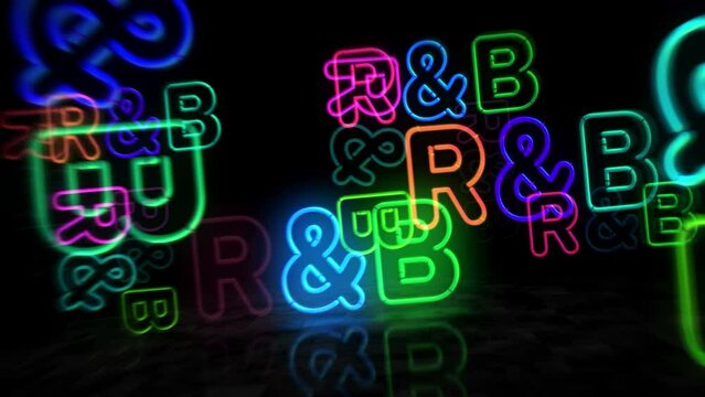 R&B Rhythm and blues neon symbol. Light color bulbs. Entertainment Rhythm and blues music event  abstract seamless and loopable concept. 3d flying through the tunnel animation.