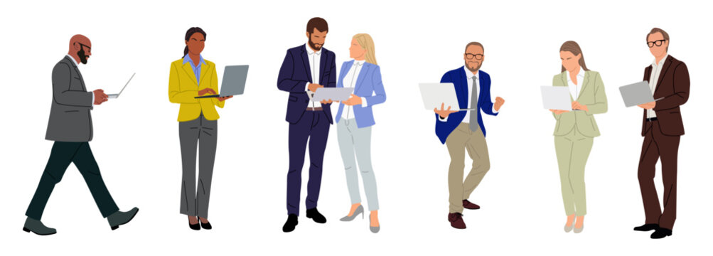 Business people working at laptop. Different men and women wearing smart casual, formal office outfits standing, looking at computer. Vector realistic illustration isolated on transparent background.