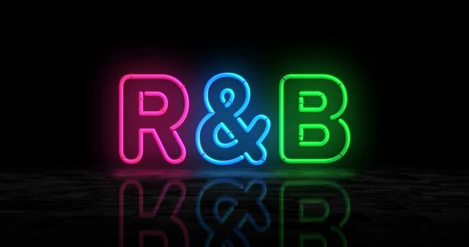 R&B Rhythm and blues neon glowing symbol. Light color bulbs. Entertainment Rhythm and blues music event  abstract concept 3d animation.