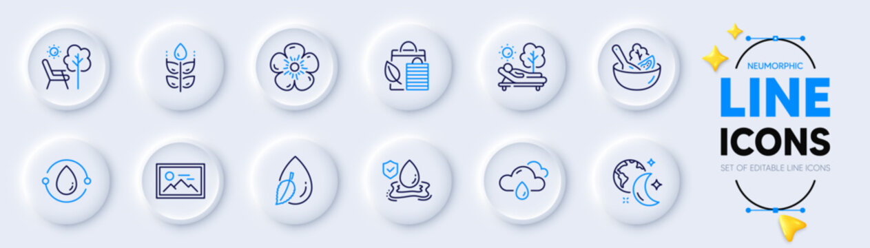Deckchair, Gluten free and Water drop line icons for web app. Pack of Lounger, Flood insurance, Rainy weather pictogram icons. Salad, Sleep, Bio shopping signs. Cold-pressed oil. Vector