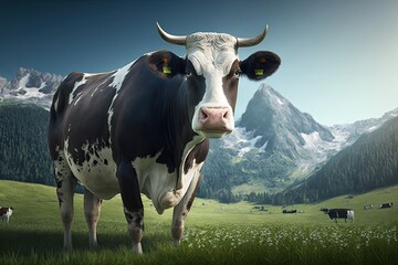 Fototapeta na wymiar Cow on green grass with mountains in background