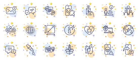 Outline set of Recruitment, Power info and Support line icons for web app. Include Inclusion, Ranking star, Square area pictogram icons. Globe, Electricity, Painting brush signs. Vector
