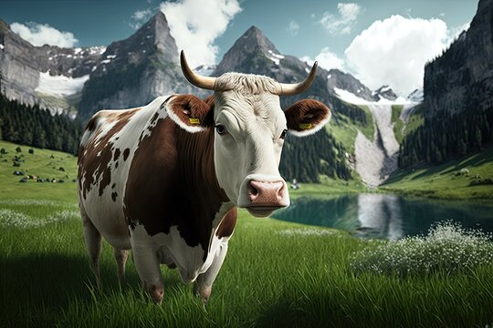 Cow on green grass with mountains in background
