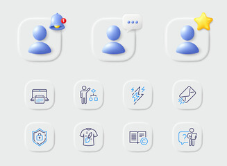 Copyright, Search employee and E-mail line icons. Placeholder with 3d star, reminder bell, chat. Pack of Shield, Algorithm, Lightning bolt icon. Calendar, T-shirt design pictogram. Vector