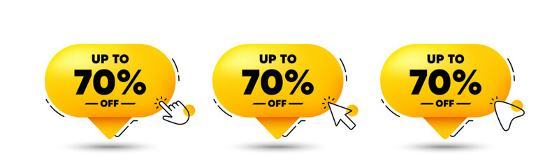 Up to 70 percent off sale. Click here buttons. Discount offer price sign. Special offer symbol. Save 70 percentages. Discount tag speech bubble chat message. Talk box infographics. Vector