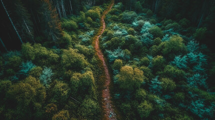 Forest road in a green misty forest, generative AI.
