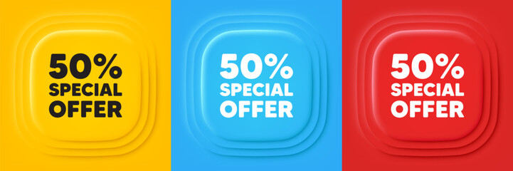 50 percent discount offer tag. Neumorphic offer banners. Sale price promo sign. Special offer symbol. Discount podium background. Product infographics. Vector