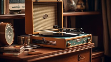 Vintage record player on a retro-inspired table. AI generated