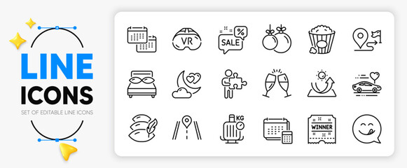 Journey, Honeymoon travel and Yummy smile line icons set for app include Discounts bubble, Christmas ball, Love night outline thin icon. Baggage scales, Champagne glasses. Vector