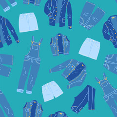 Vector jeans apparel seamless pattern. Denim clothing jeans skirts vest jackets and coat overalls pattern background.