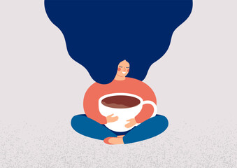 Young woman embraces a big cup of coffee with enjoyment. Smiling girl sits in lotus pose with closed eyes and holds mug of cacao. Body positive and healthy eating habits concept. Vector illustration - 600538430